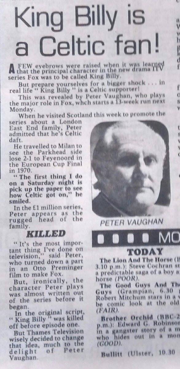 Peter Vaughan Celitc fan Daily Record Fox TV show 1980